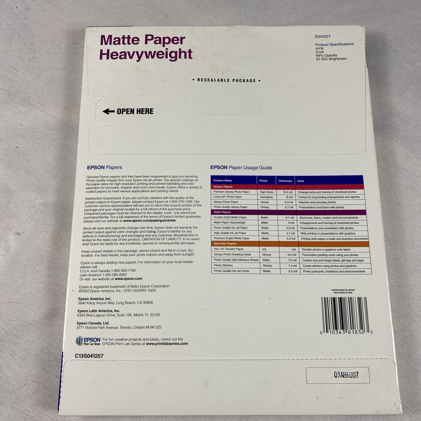 Epson Matte Heavyweight Photo Paper Crafts 8.5″ x 11″ 50 Sheets Non Glare 9 Mil