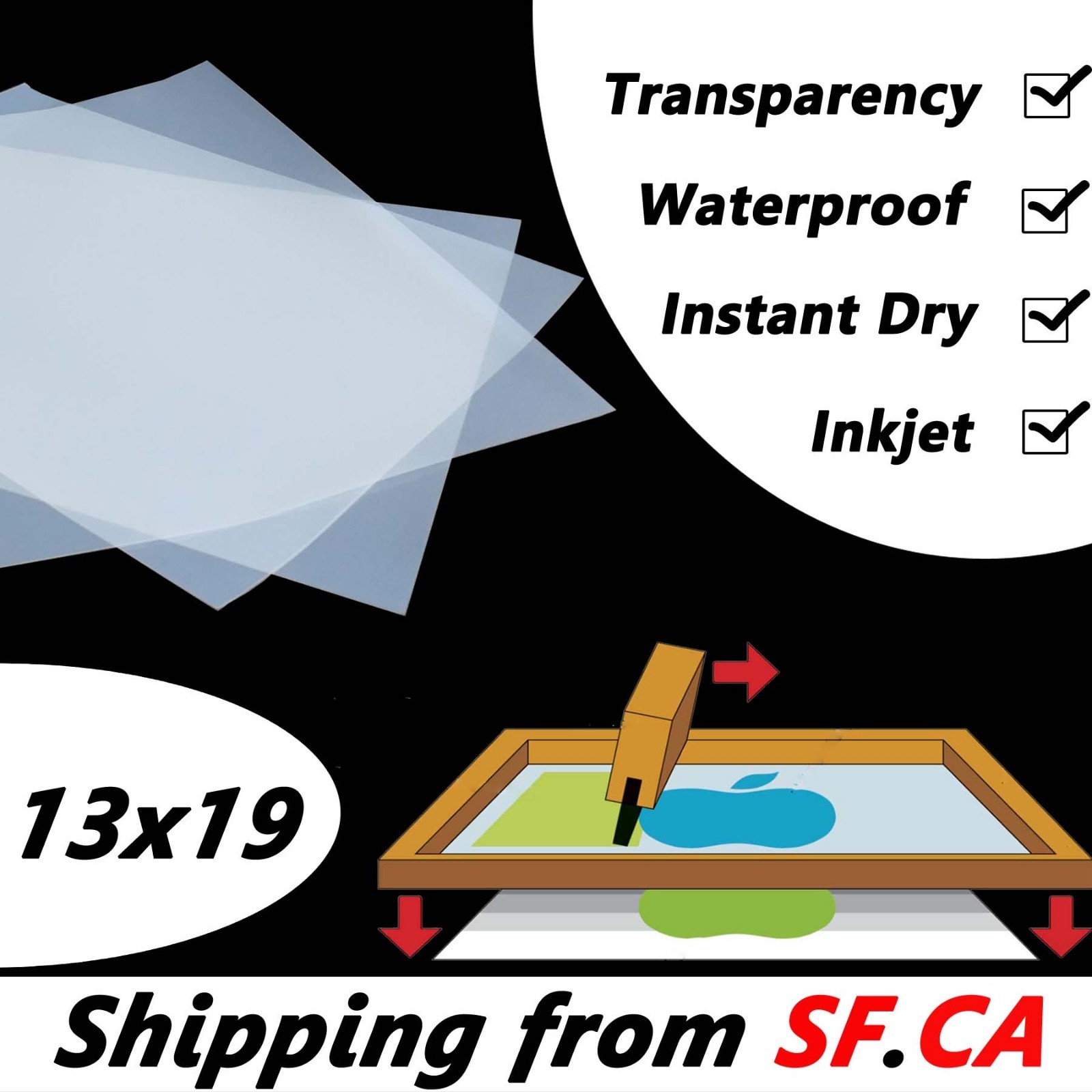 13″x19″，Waterproof Quick-Dry Clear Inkjet Screen Printing Film 50 sheets