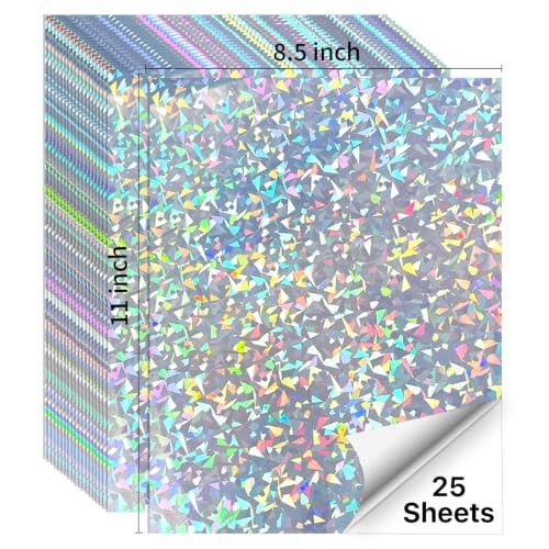 25 Sheets Holographic Sticker Paper, Diamond 8.5″ x 11″ Holographic- Glass