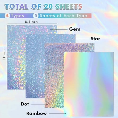 Holographic Sticker Paper – Dimond/Rainbow/Dots/Stars, 20 Sheets | for Inkjet