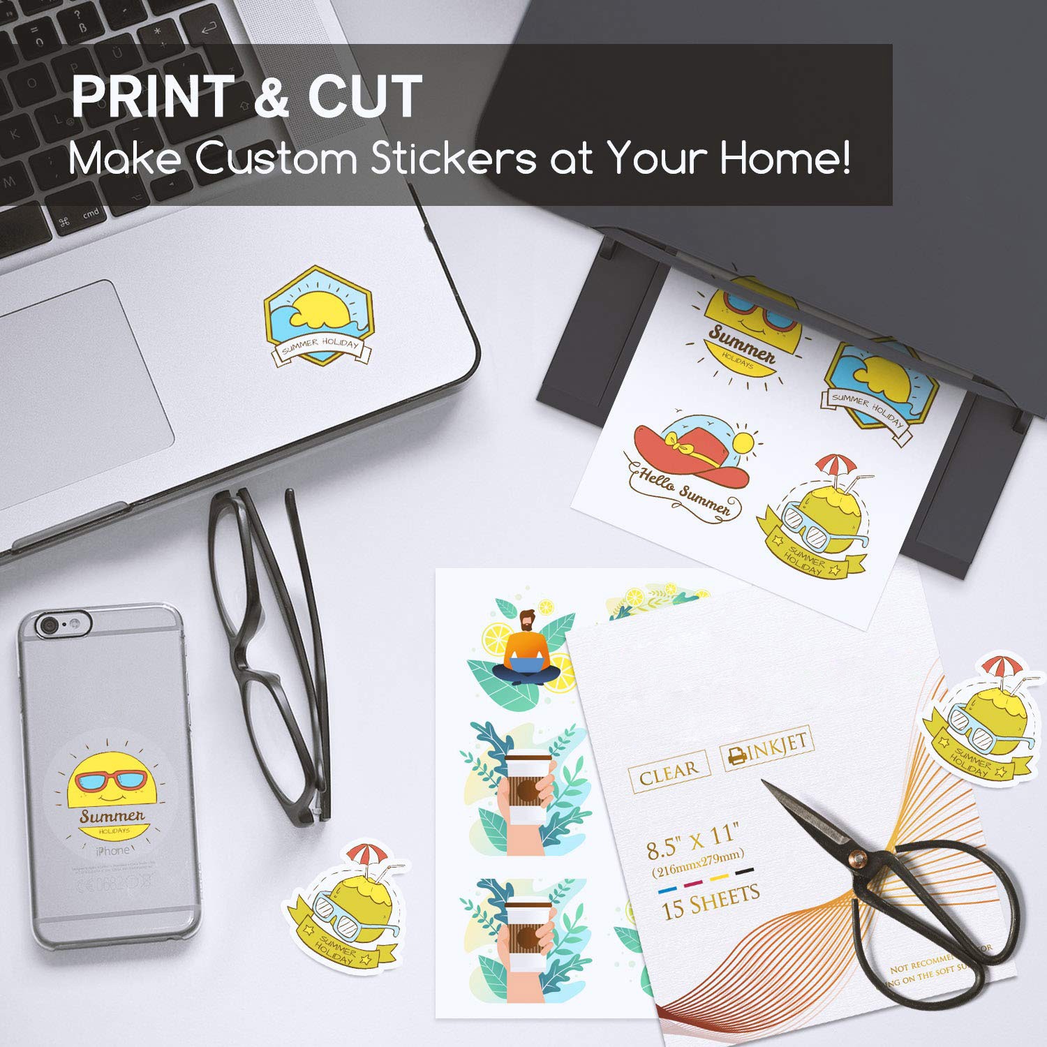 Inkjet Printable Sticker Paper, Clear, 15 Sheets 8.5×11, Glossy Vinyl