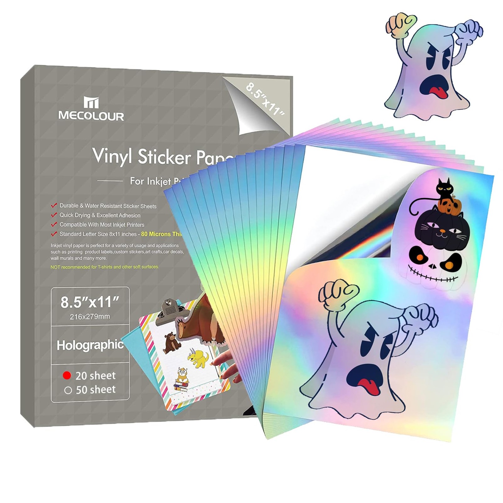 Holographic Sticker Paper 8.5” 11” Printable Premium Rainbow Vinyl, Waterpr…