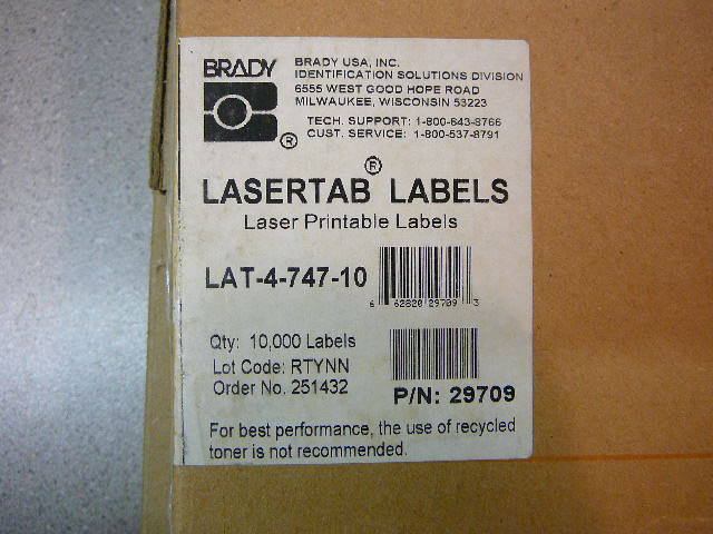 BRADY LAT-4-747-10, 29709 LASERTAB Laser Printable Label 20.32 X 6.35mm Poly