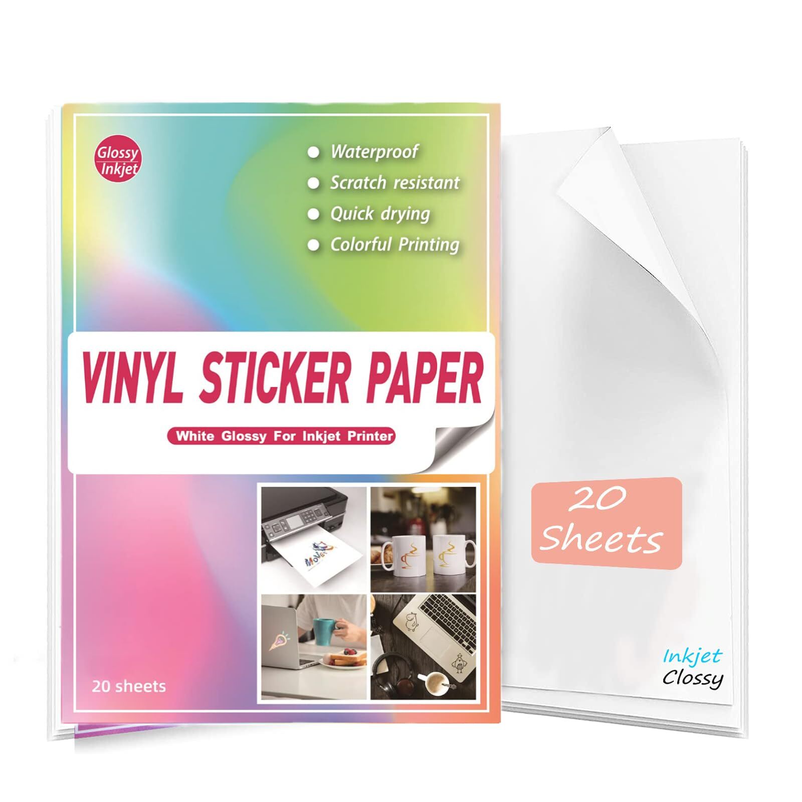 Sticker Paper for Printing A4 Glossy White – 20 Sheets, Waterproof Vinyl Blue…