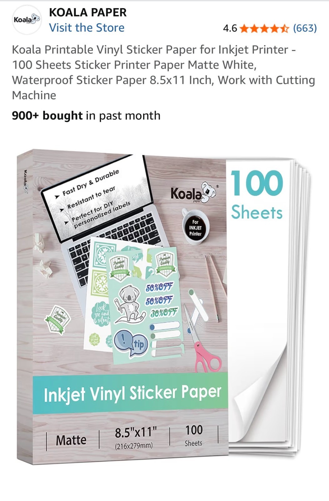 200 Pc Koala PrintableWaterproof Vinyl Sticker Paper Inkjet Printer