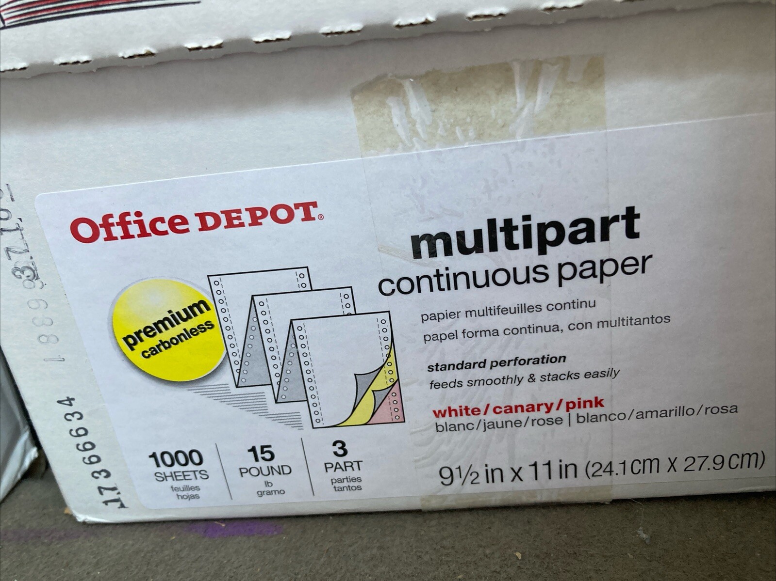 Continuous MultiPart Paper 9.5″x11″ 1000 Sheets White Yellow Pink Office Depot