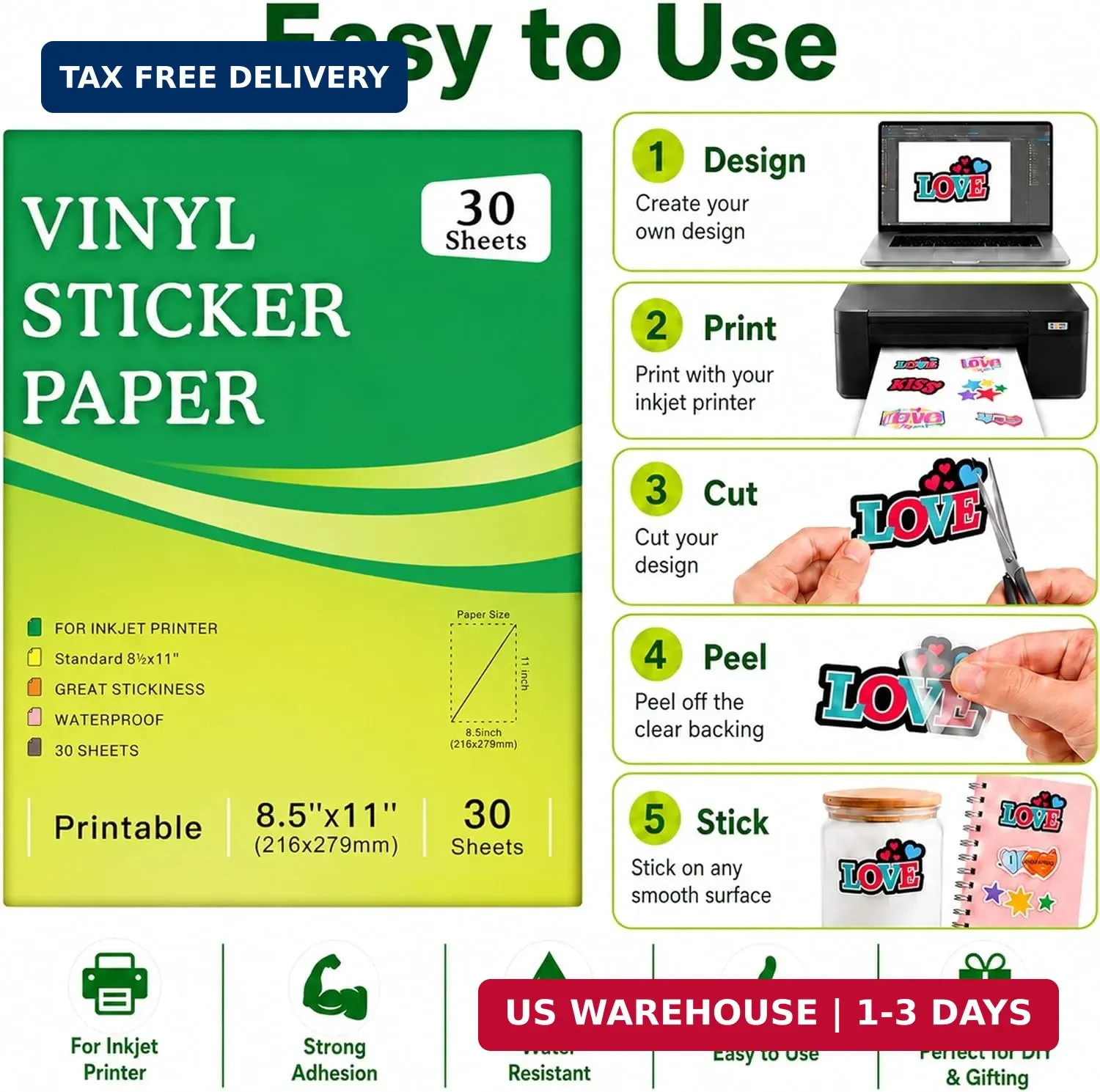 30 Sheets Printable Clear Sticker Paper for Inkjet Printer, Premium Vinyl