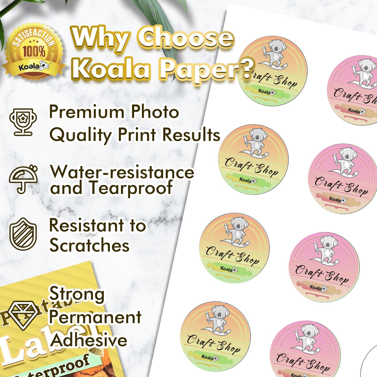 Koala Round Label 2 In, Waterproof Sticker Paper for Inkjet / Laser Matte White