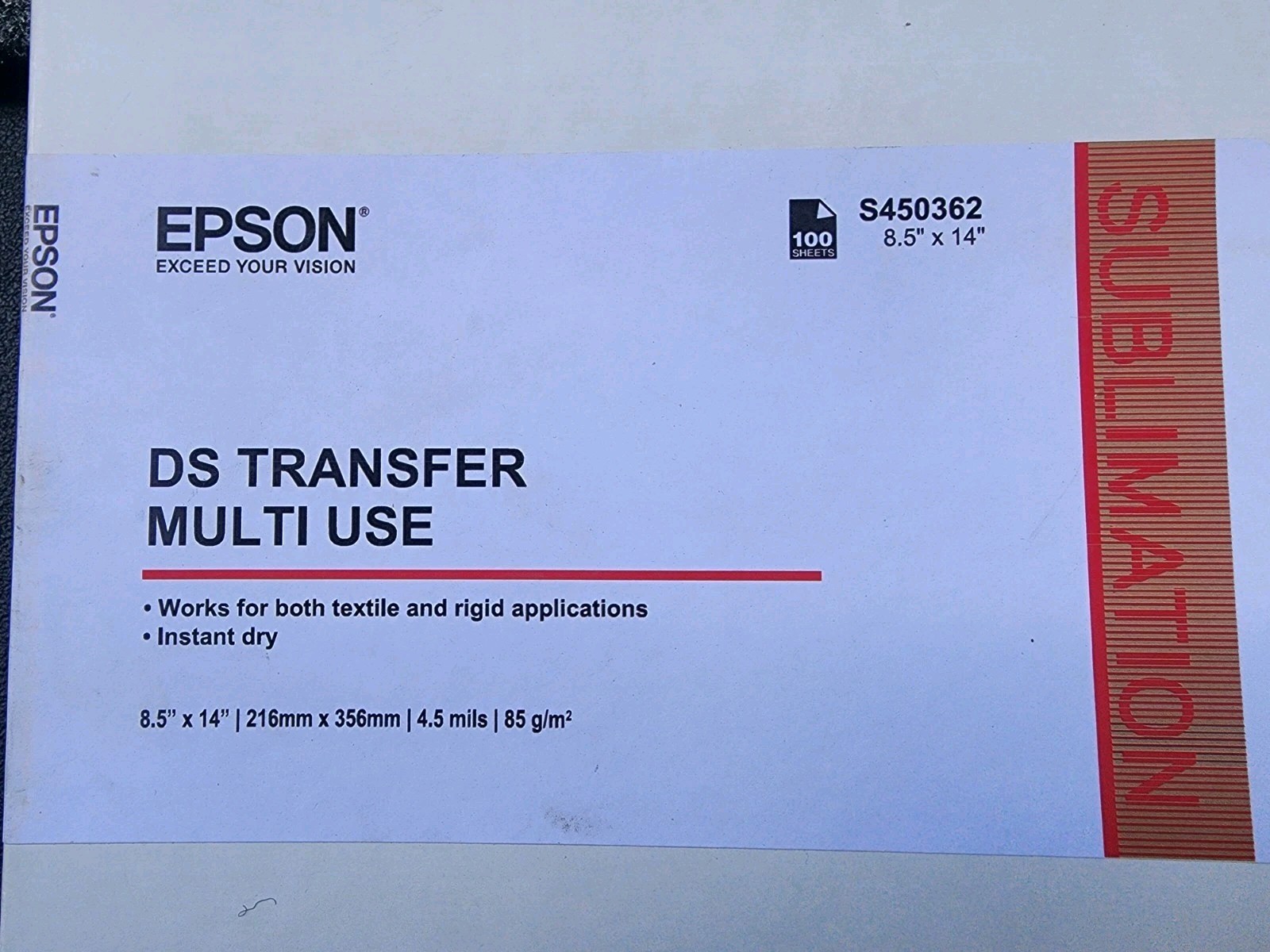 Epson S450362 DS TRANSFER MULTI-USE PAPER, 8.5X 14 SHEET 100 sheets
