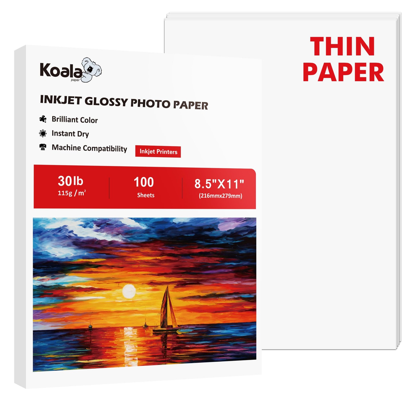Koala 115gsm Thin Glossy Dye Ink Compatible Inkjet Paper 8.5×11 100 Sh