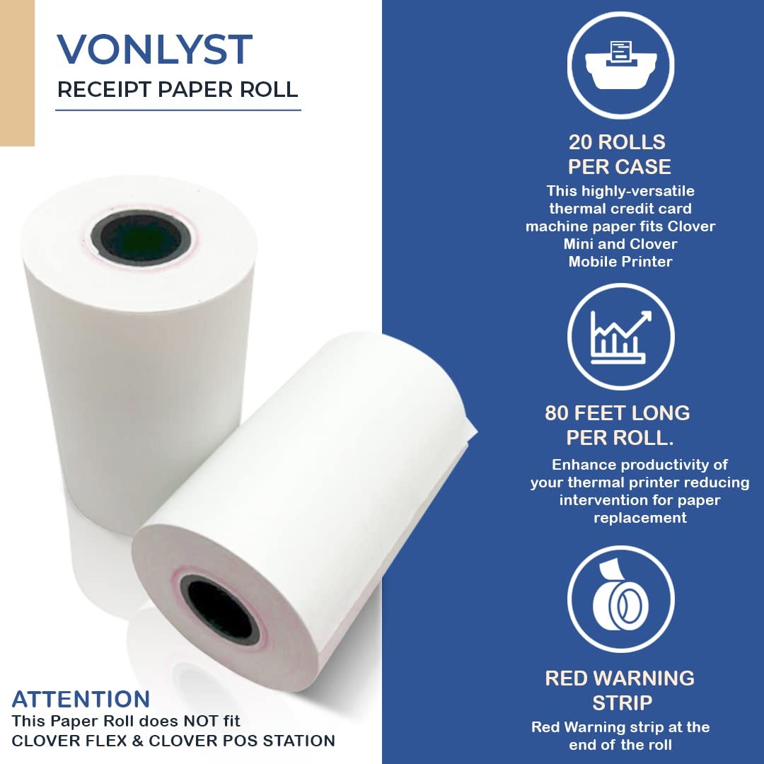 Vonlyst Thermal Receipt Paper Rolls for Clover Mini & 20 rolls, White