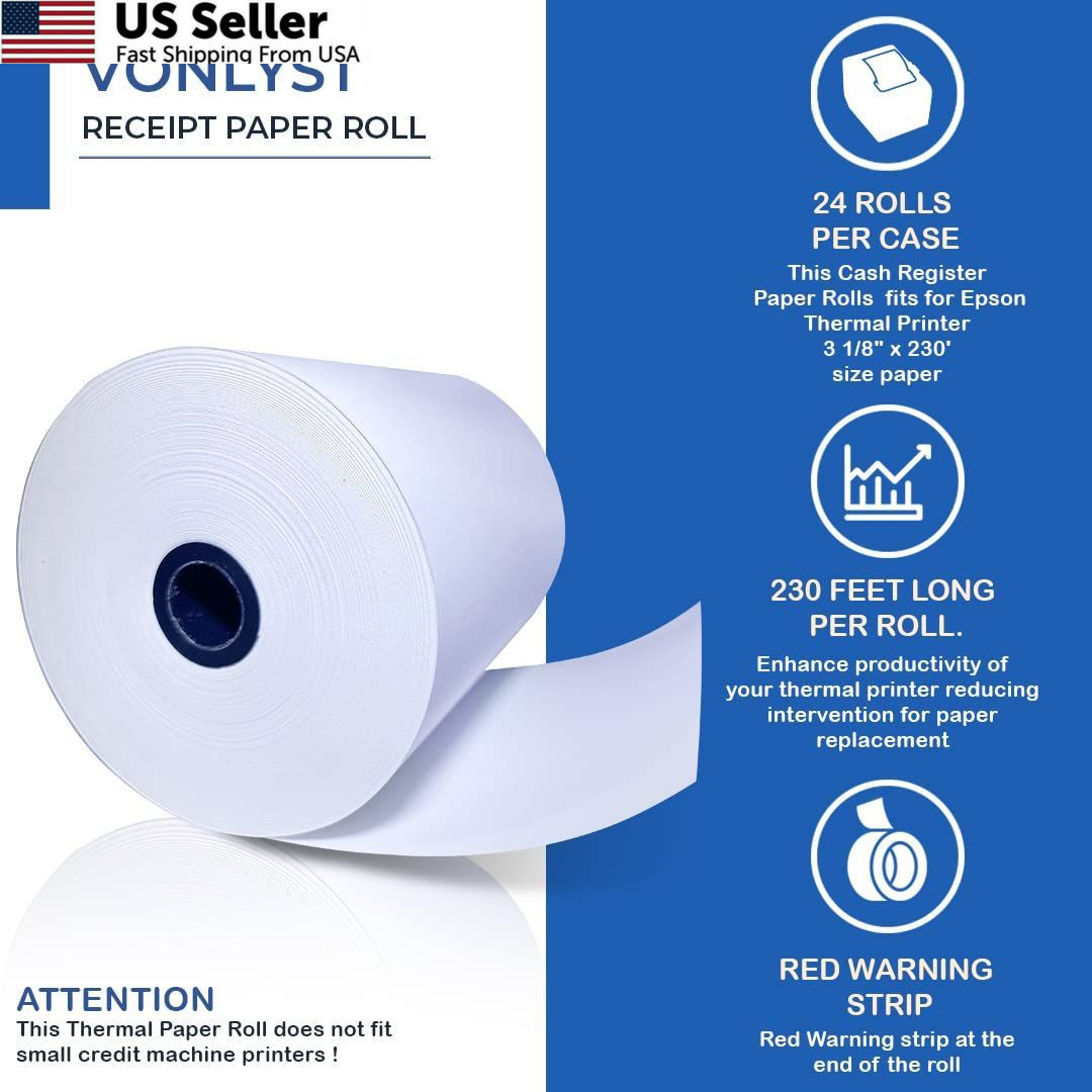 3 1/8 x 230 Thermal POS Rolls for 24 rolls, White Paper Black Image