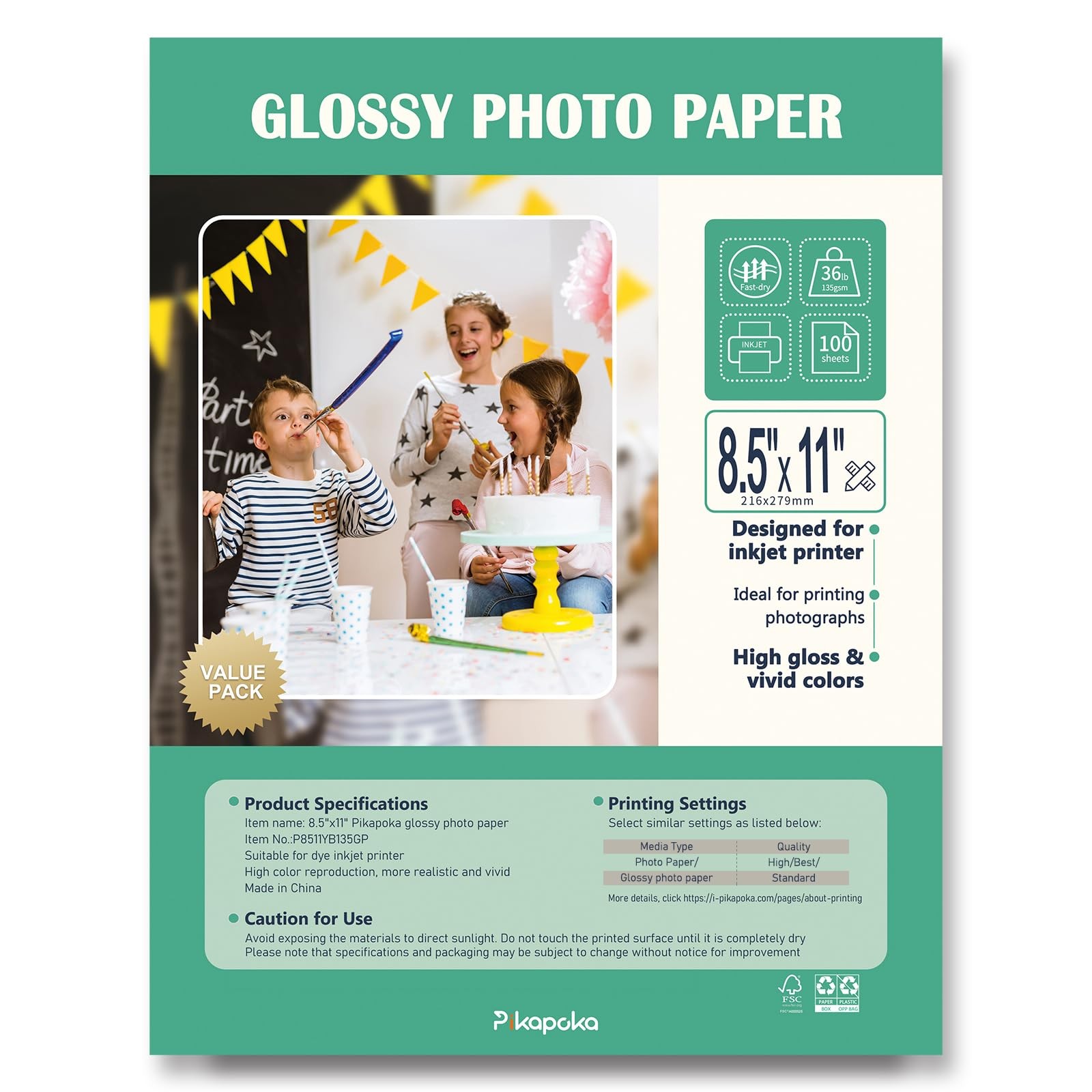 100 PCS Glossy Photo Paper 8.5×11 Inch Letter Size 36lb Thin Inkjet Printer