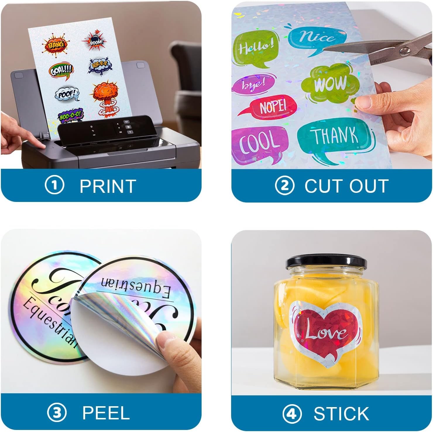 24 Sheets Vinyl Printable Sticker Paper A4 Size 8.25″ x 11.7″ Holographic Glossy
