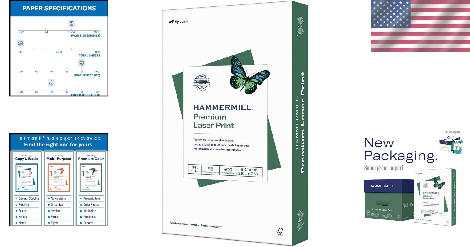 Sustainable 24 lb Legal Size Printer Paper, 500 Sheets, 98 Brightness – USA Made