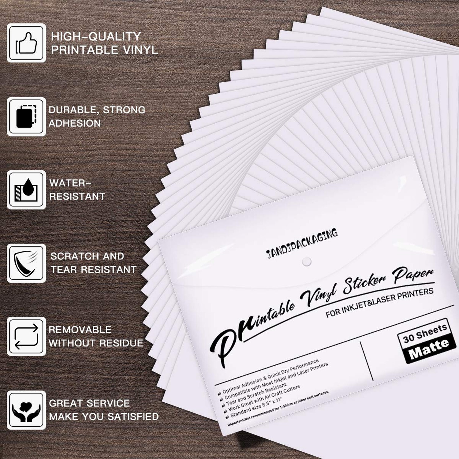 JANDJPACKAGING Printable Vinyl for Inkjet Printer – 30 Pack Printable Vinyl S…