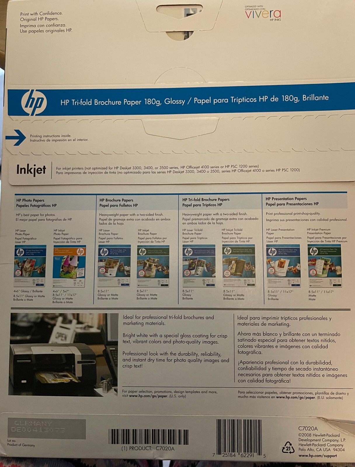 HP C7020A Inkjet Tri-Fold Brochure Paper Gloss 100 Sheets 8.5”x11” New