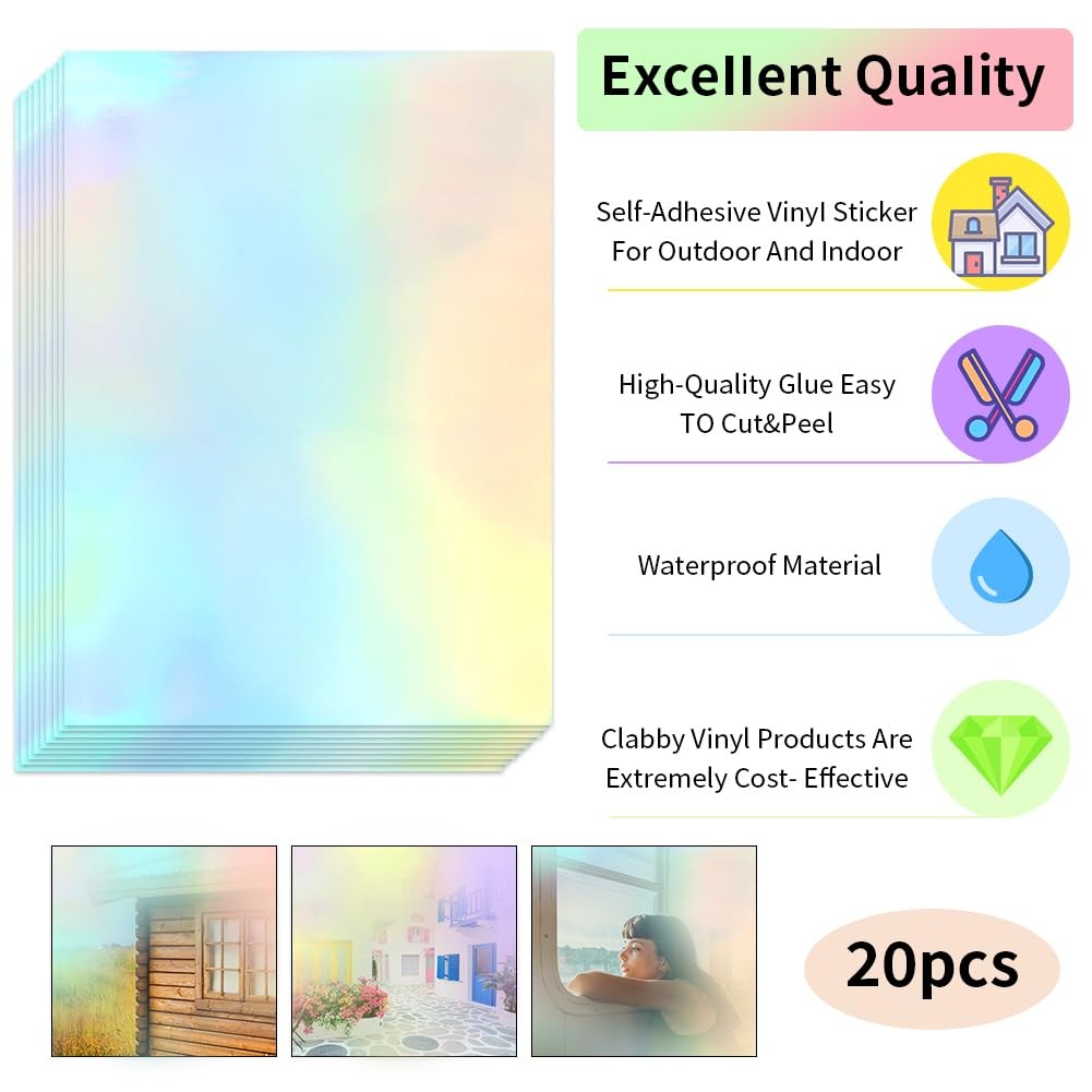 20 Sheets Sticker Paper for Printer A4, Waterproof Sticker Paper, Holog…