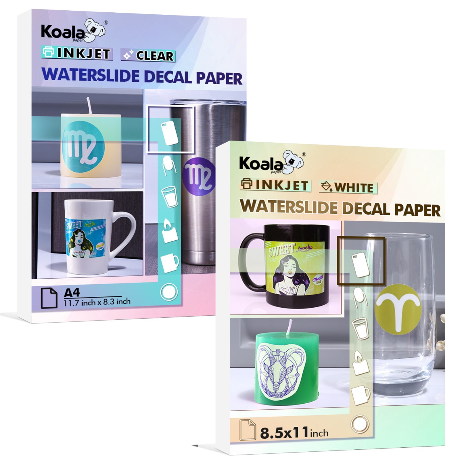 Bundle Koala Inkjet Waterslide Decal Paper CLEAR + WHITE 10 Sheet Water Transfer