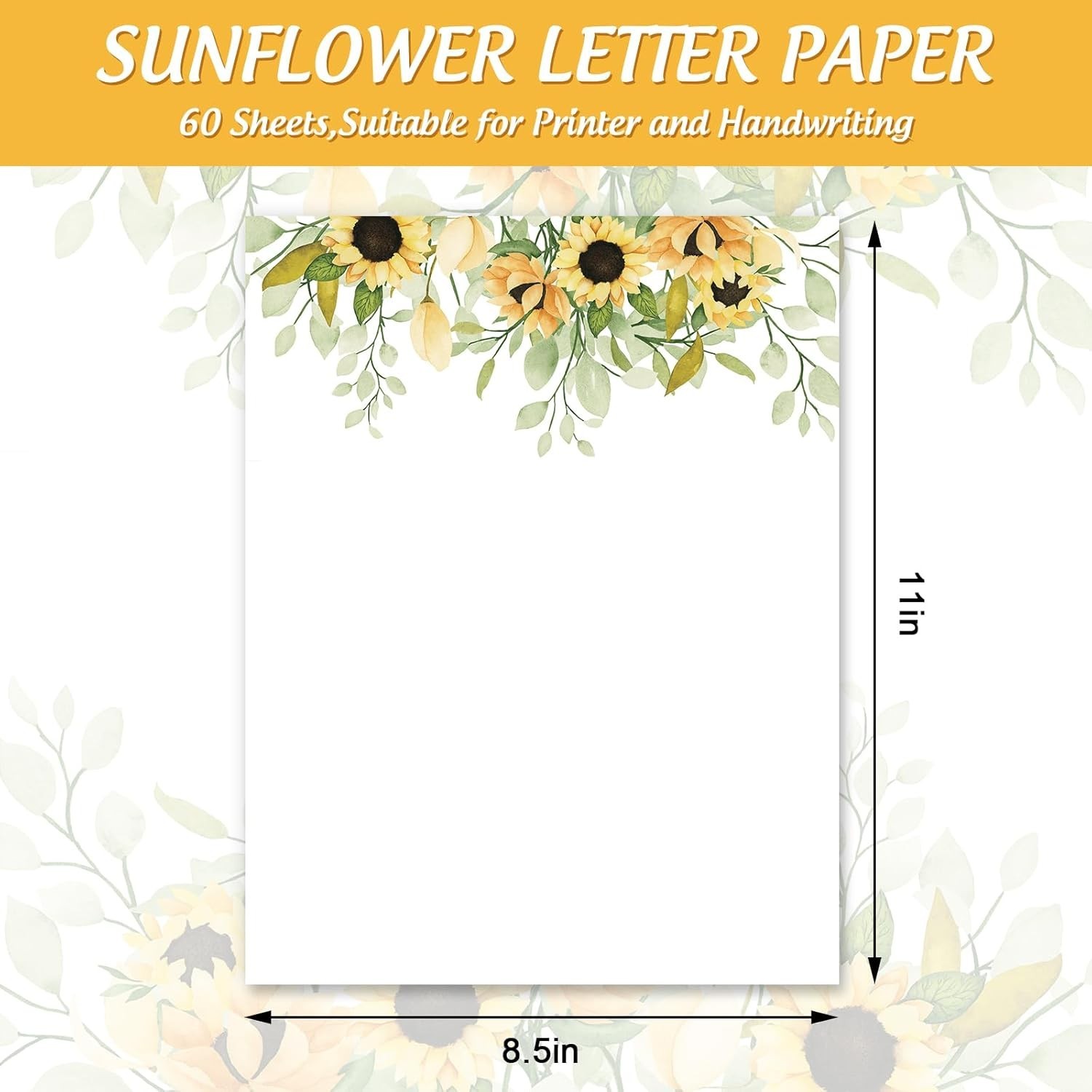 60pk Sunflower Letterhead Paper 8.5×11 Watercolor