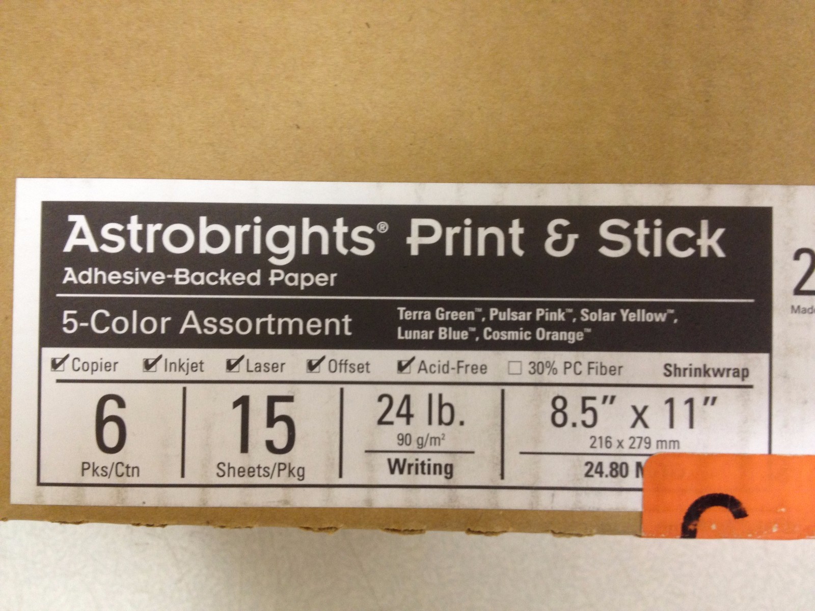 CASE 90 Sheets 6 pks Astrobrights Print & Stick Adhesive Craft Sign Paper 22007
