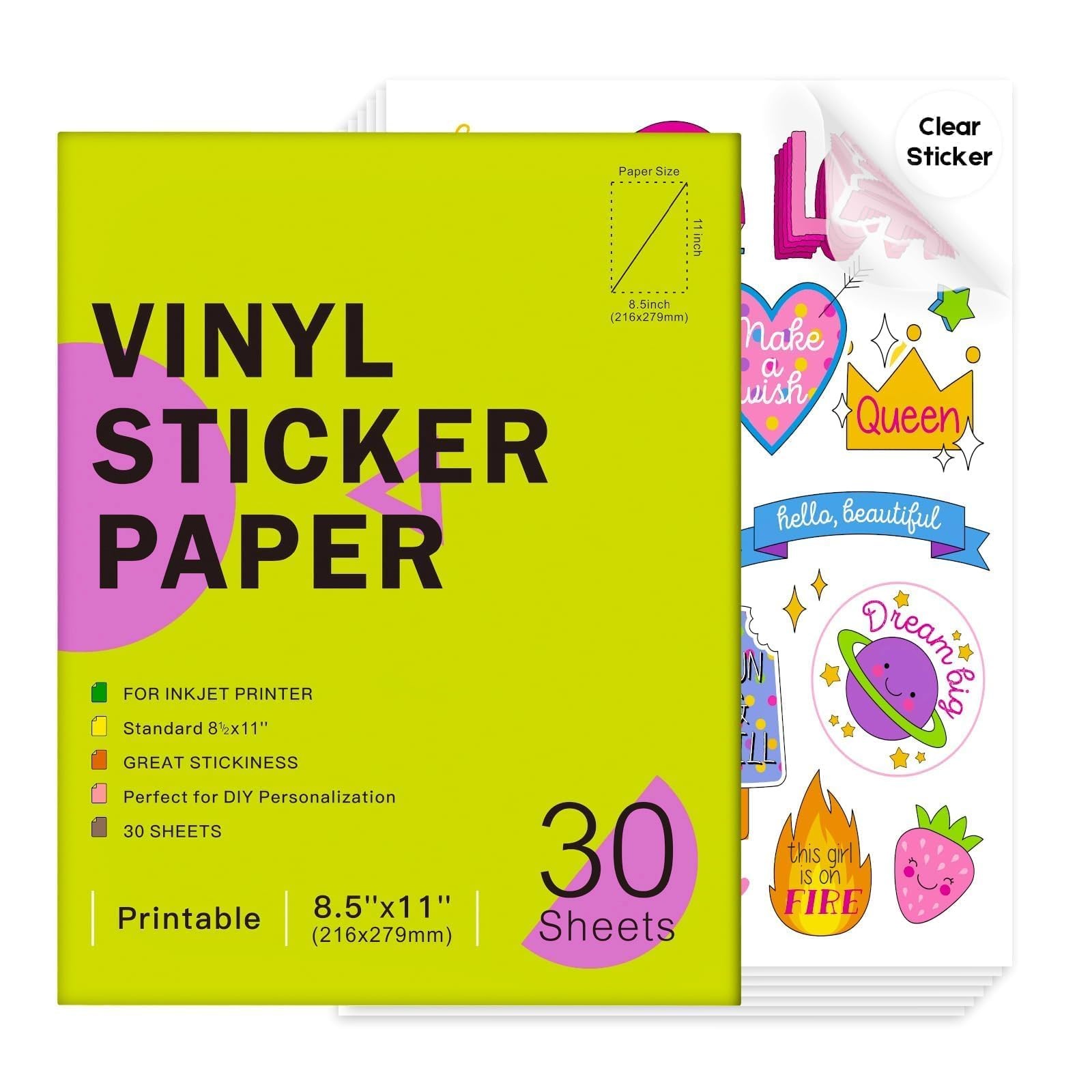 30 Sheets Printable Clear Vinyl Sticker Paper for Inkjet Printers, Transparen…