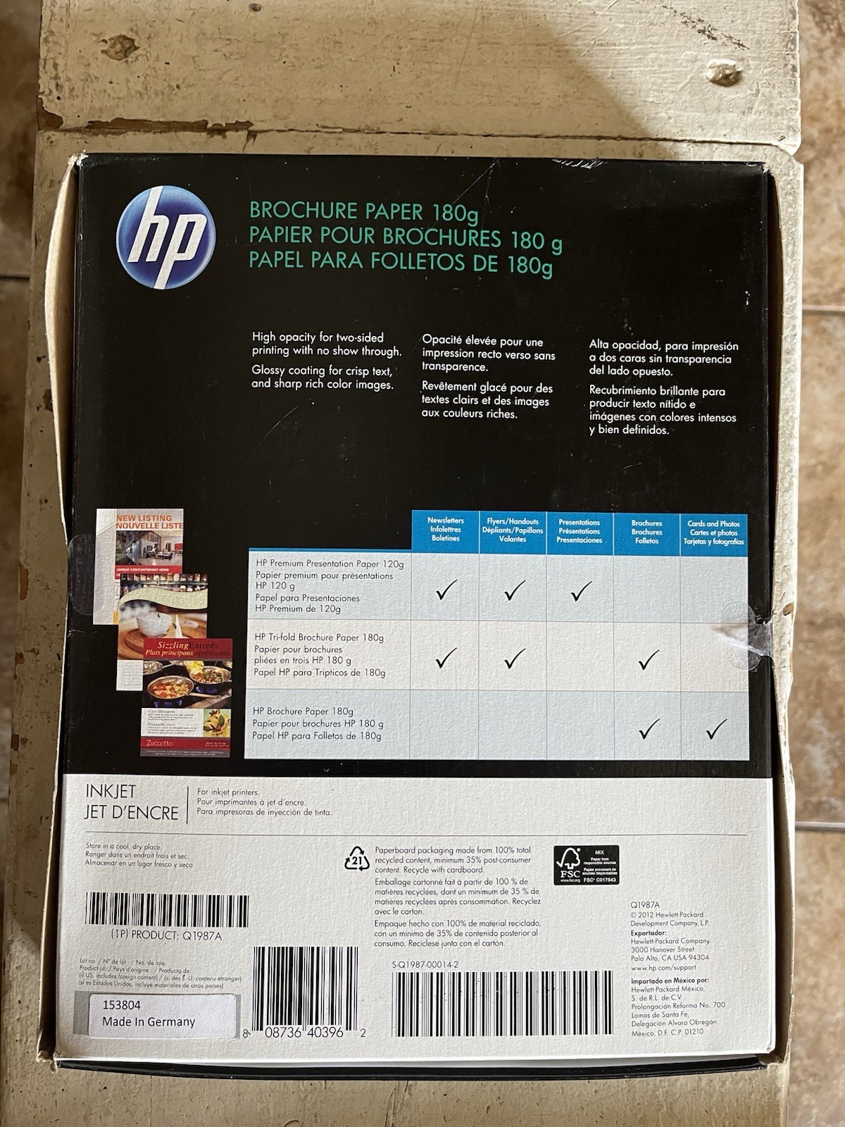 HP Inkjet Brochure Paper 98 Bright 48lb 8.5 x 11 White 150/Pack Q1987A 2-Sided