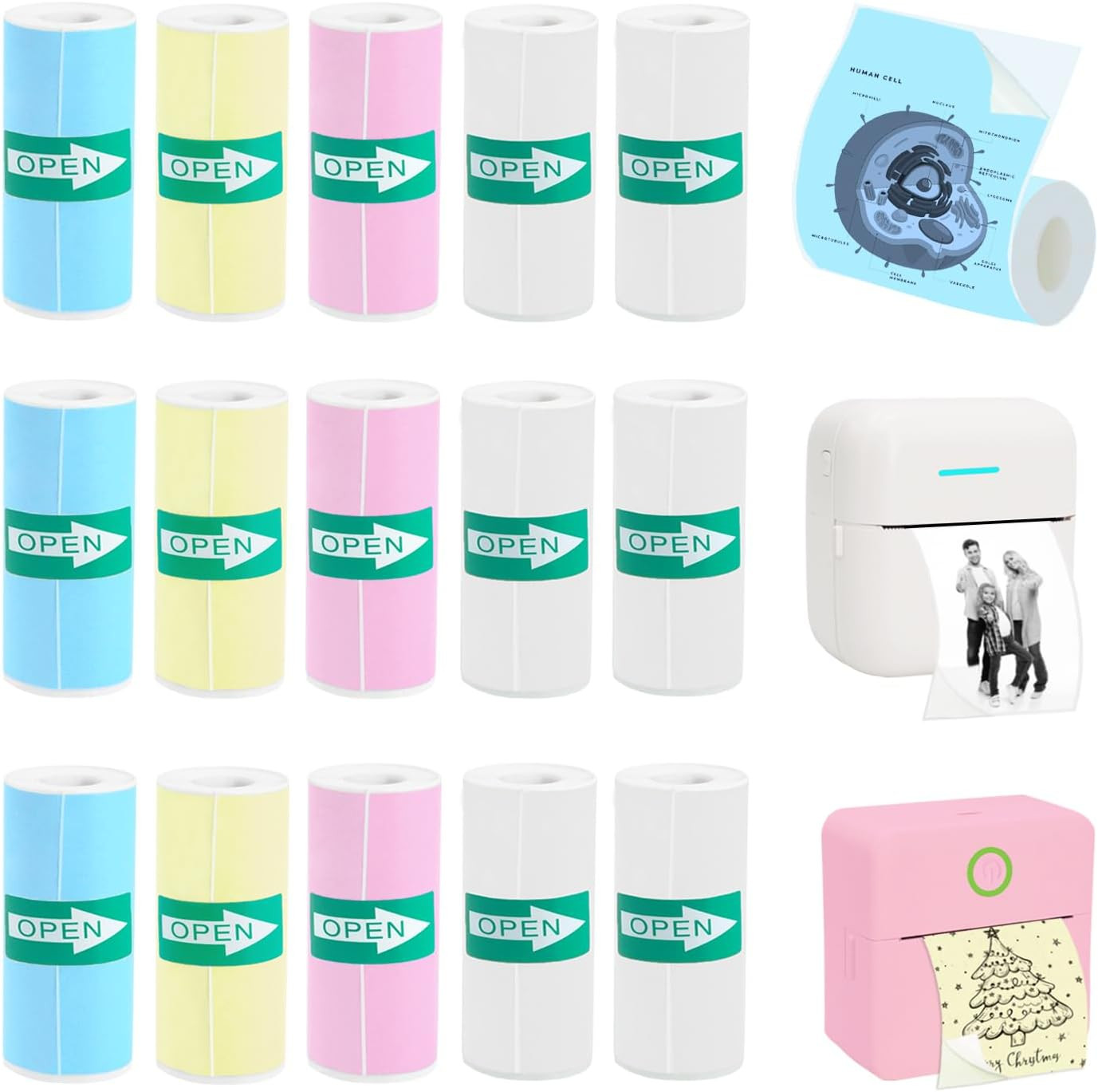 15 Rolls Thermal Sticker Paper for Mini Printer Sticker Maker, Including 9 Color