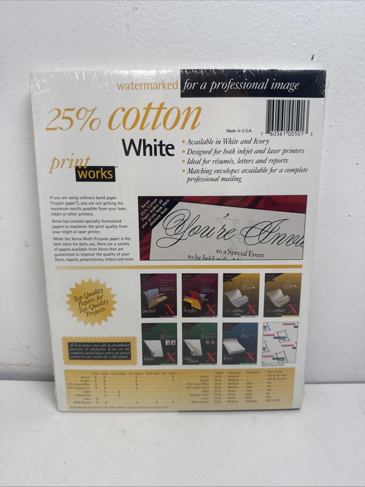 Zerox Print Works 100 Sheets 20lb Watermarked 25% Cotton Fiber Printer Paper