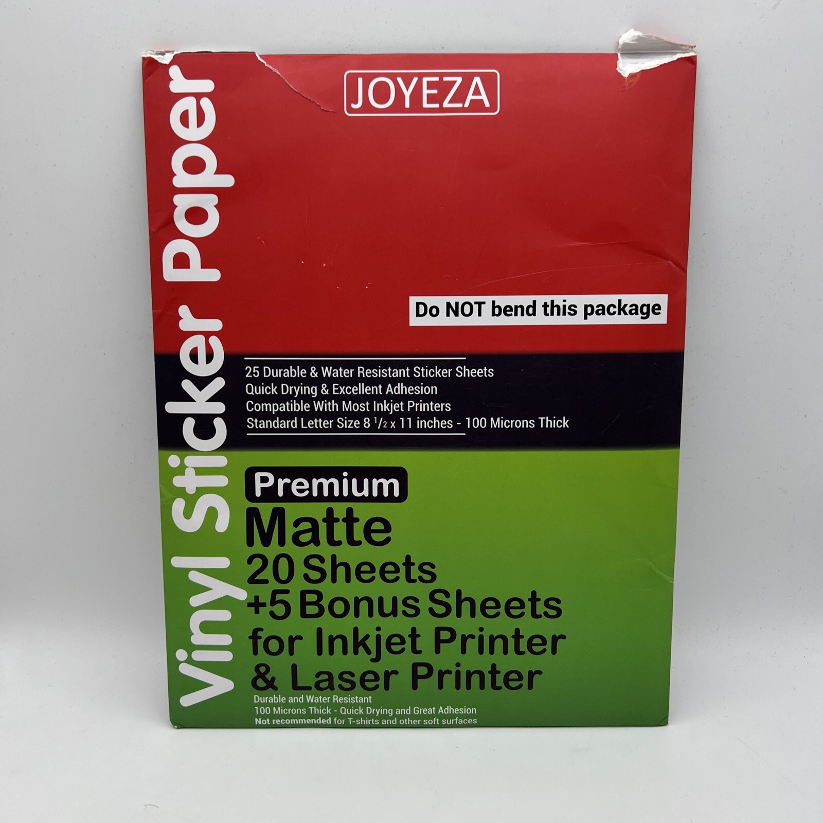 JOYEZA 20 Sheet Premium Printable Vinyl Sticker Paper Inkjet & Laser print White