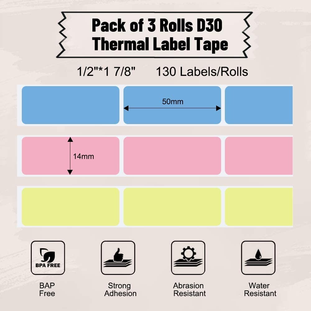 Phomemo 3 Rolls Colorful Square 14 x 50 mm Self-Adhesive Thermal Label Paper