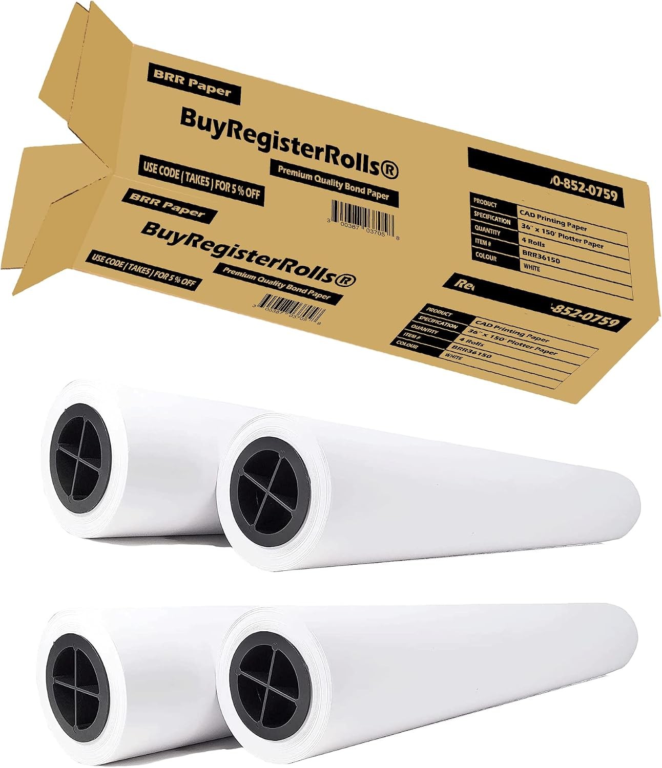 36’’ x 150’ Plotter Paper New & Premium 4 Rolls 20 lb Uncoated 96 Bright White