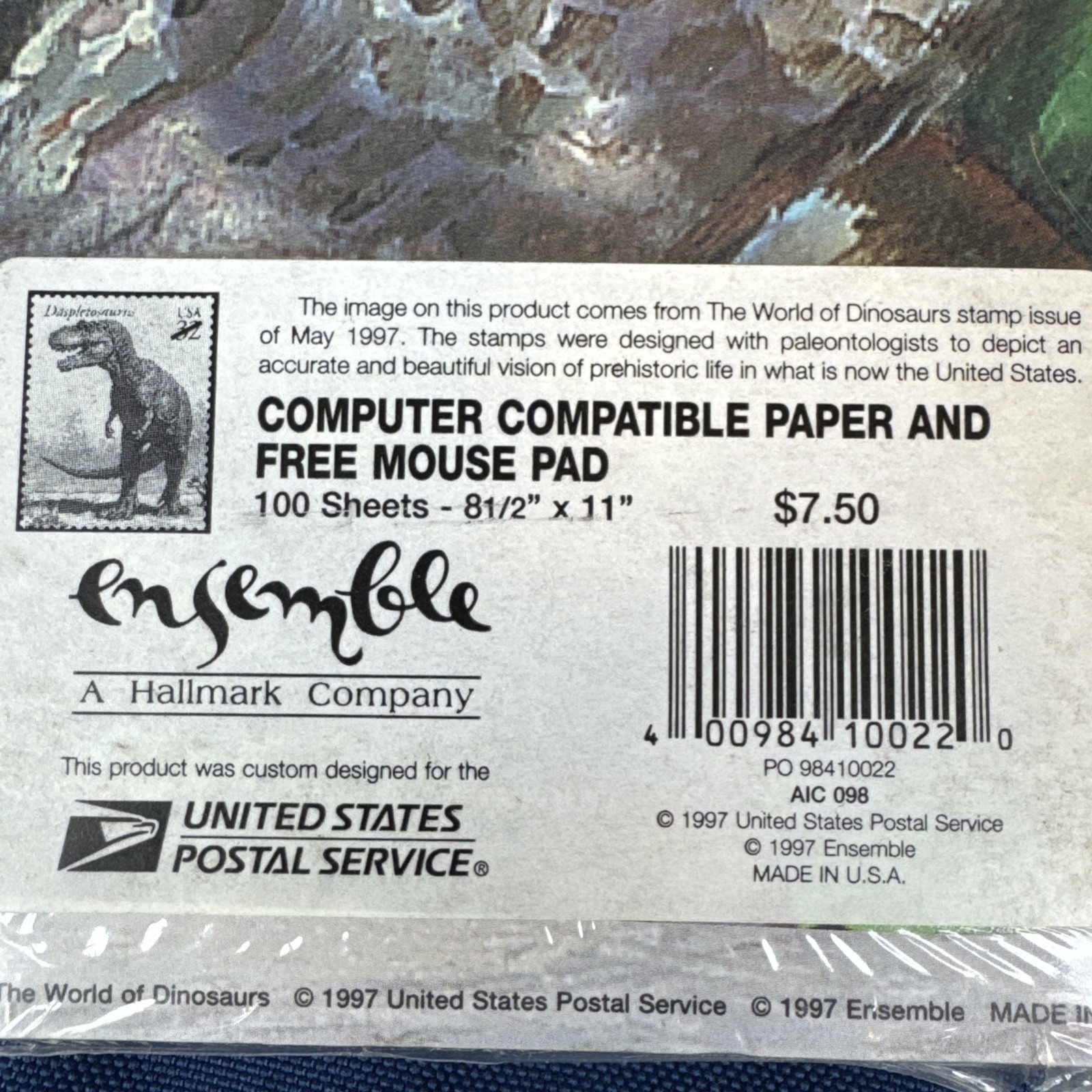 VTG 1997 Dinosaur Printer Paper 100-Pk + MOUSE PAD Sealed USPS Brontosaurus USA