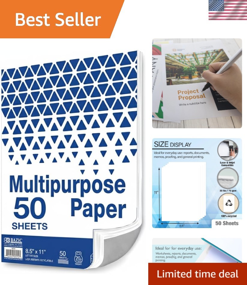 Bright White Multipurpose Paper – 20lb, 50 Sheets for Inkjet & Laser Printing