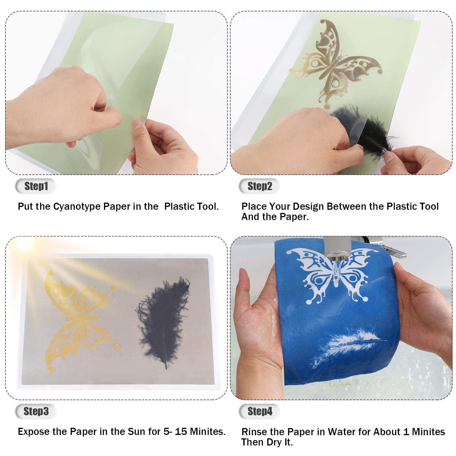 AIQINHU Sun Print Paper Cyanotype Paper Kit, 32 Sheets Sun Art Paper with 1 Plas