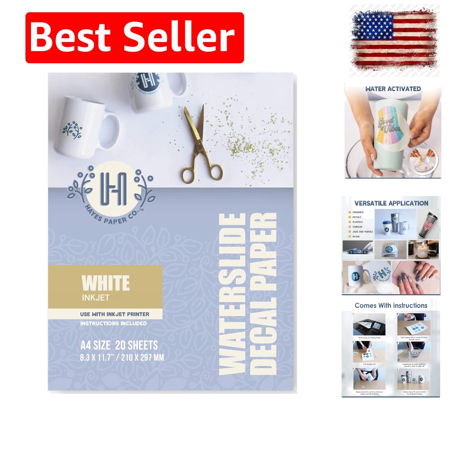 Hayes Paper, Waterslide Decal Paper INKJET WHITE 20 Sheets Water Slide Trans…