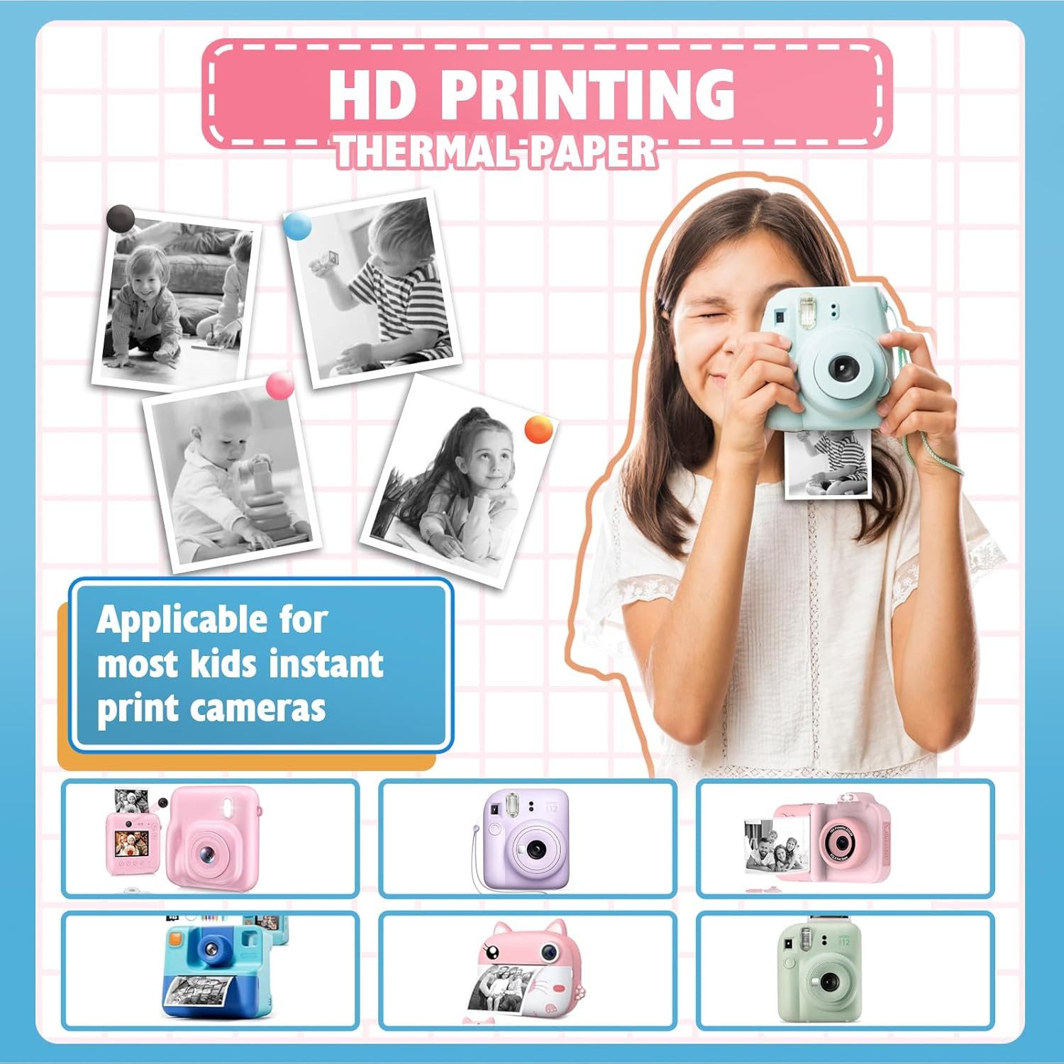 12 Rolls Thermal Paper Refill for Kids Instant Cameras, HD BPA-Free Print Paper,