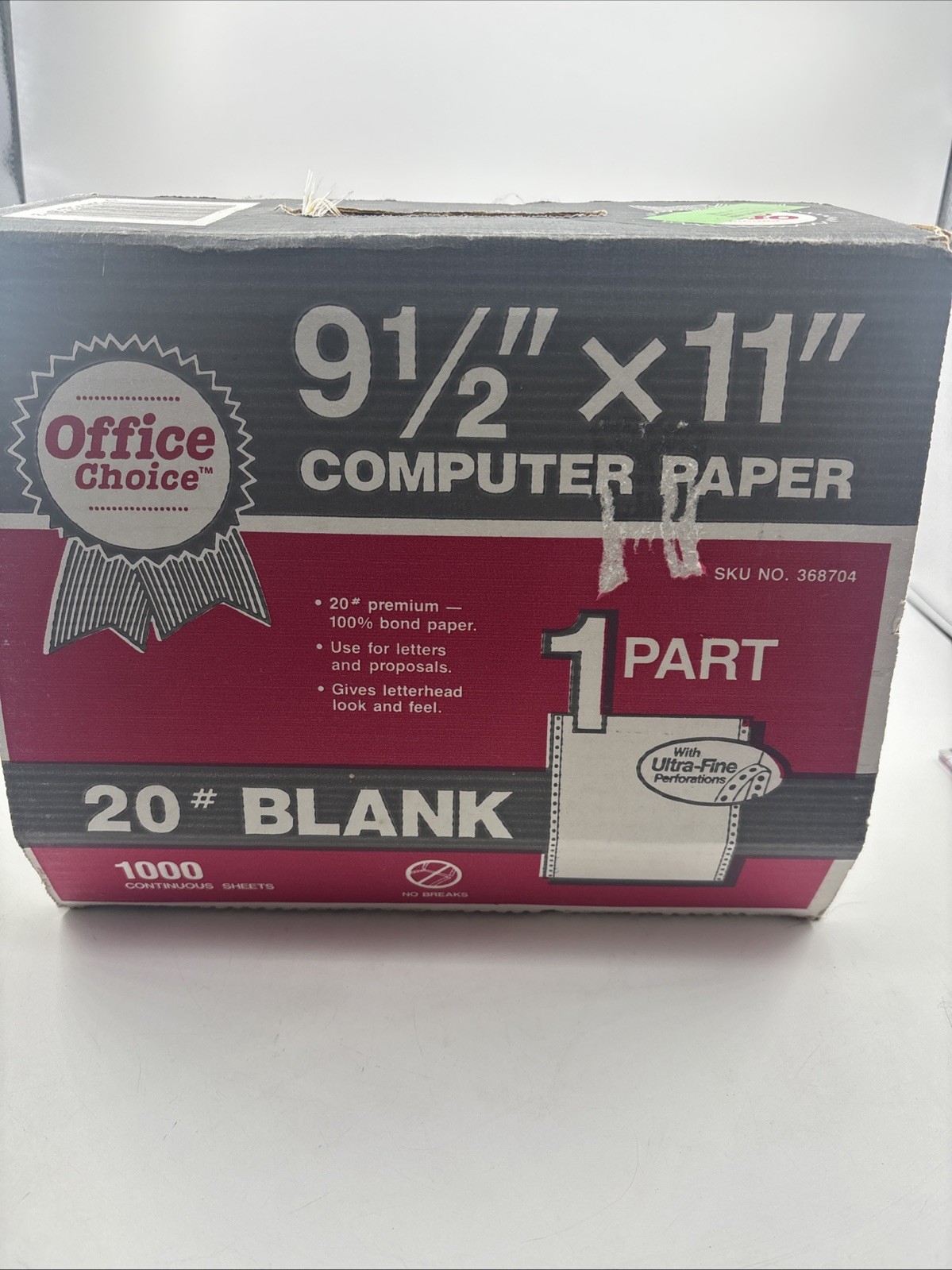 Continuous Computer Paper 1000 Sheets Office Choice 9 1/2×11” Dot Matrix 20# Vtg