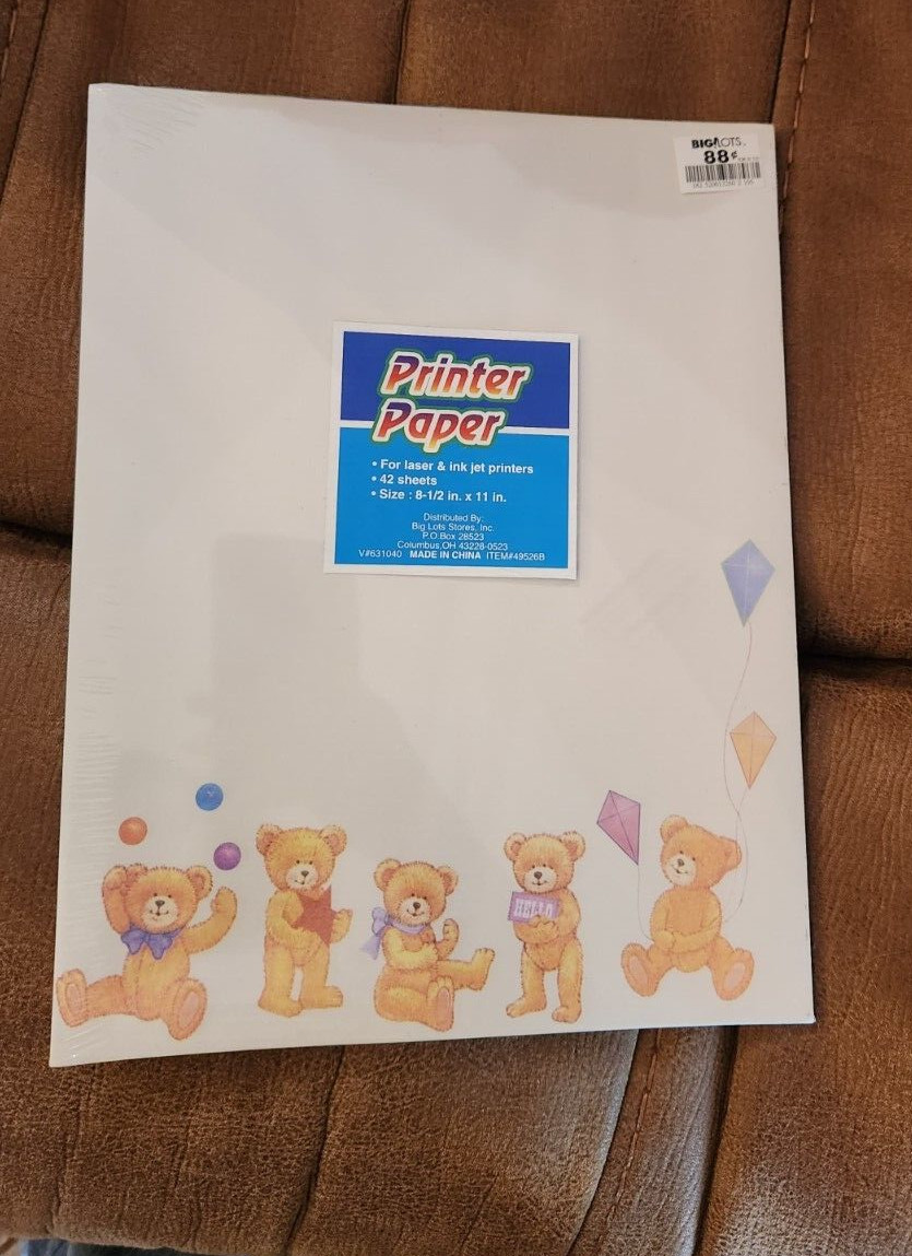 Two Brand New Packs of Printer Paper 42 Sheets Teddy Bears 8.5 X 11in.