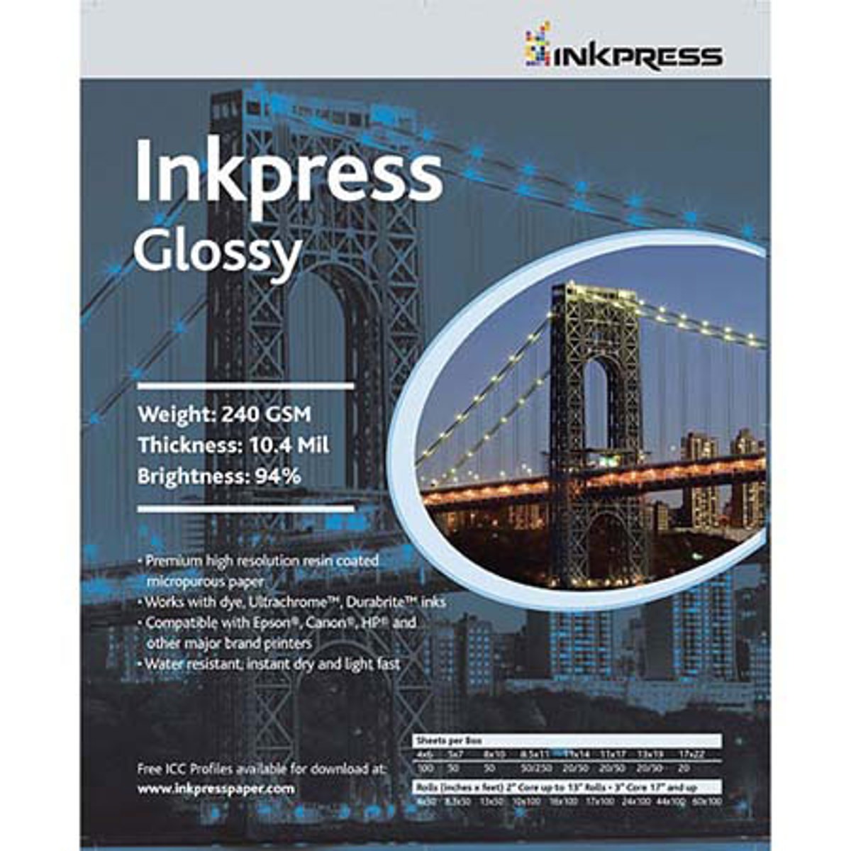 Inkpress Glossy, Single Sided Gloss Surface Inkjet Paper, 240gsm, 10.4 mil., 11x
