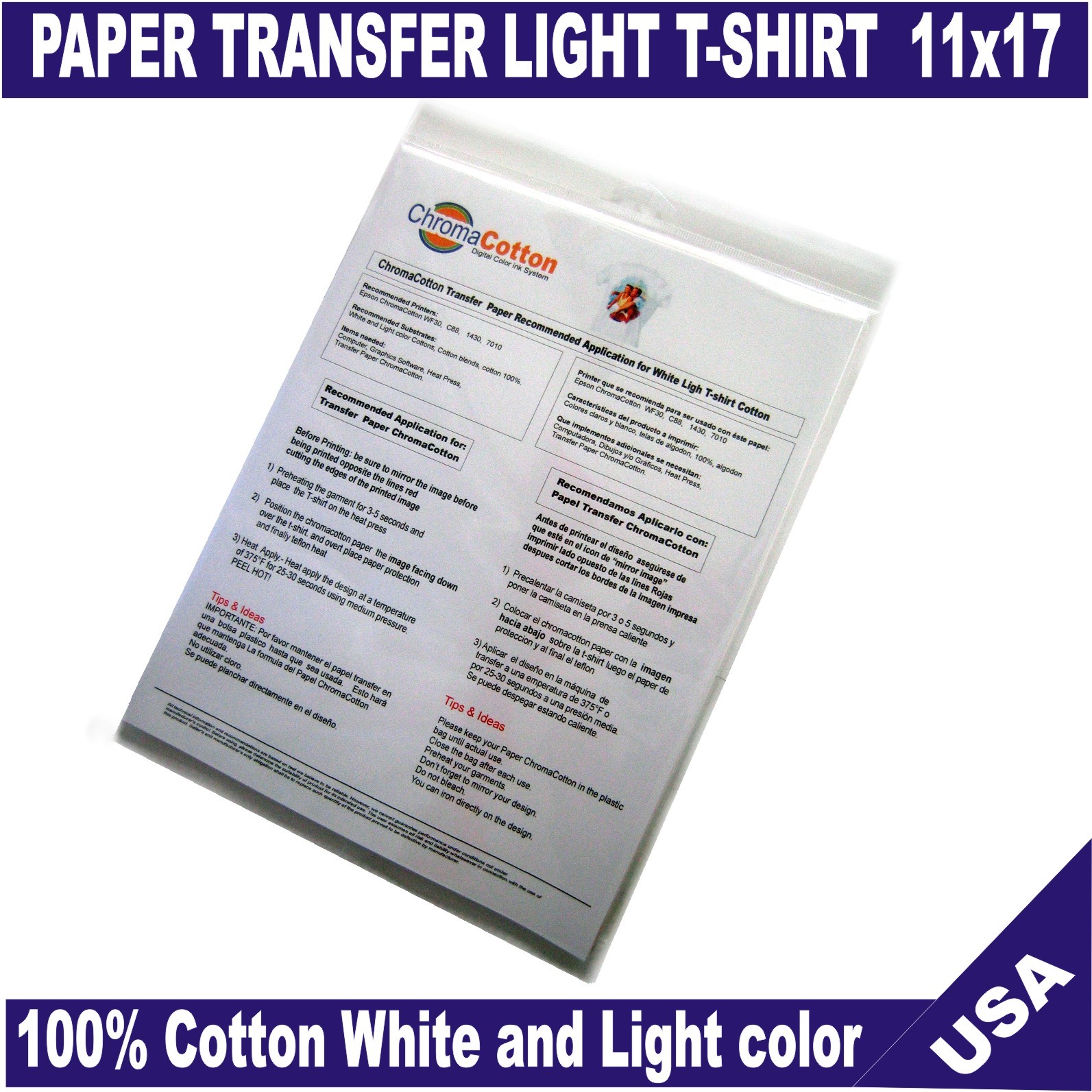 50 Sheets ChromaCotton Transfer Paper 11×17 for White Light T-shirt 100%Cotton