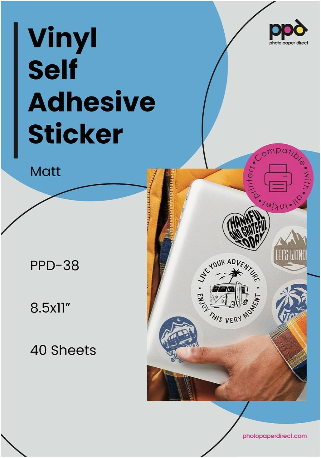 PPD Printable Vinyl Sticker Paper for Inkjet Printer, Matte Sticker Paper 8.5 X