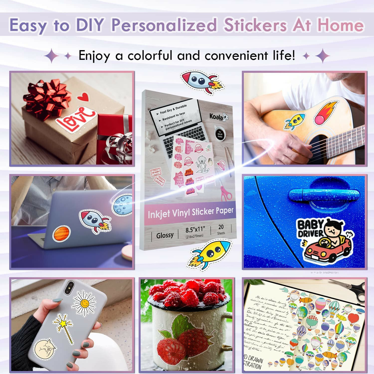 Koala Printable Vinyl Sticker Paper Waterproof Glossy White 8.5X11 Inkjet Laser