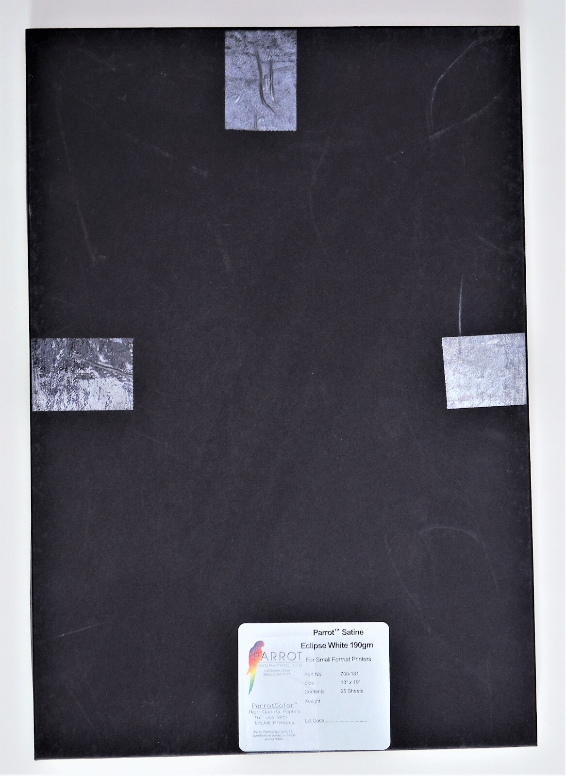 PARROT (BRIGHTCUBE?) SATINE ECLIPSE WHITE 190GM 13″ X 19″ 25 SHEETS INKJET PAPER