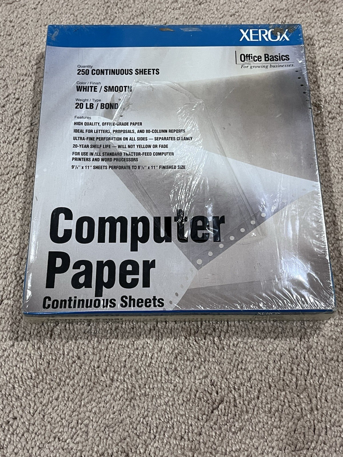NIB XEROX Continuous Feed Computer Paper 20lb 8.5×11 margins removed 250 sheets