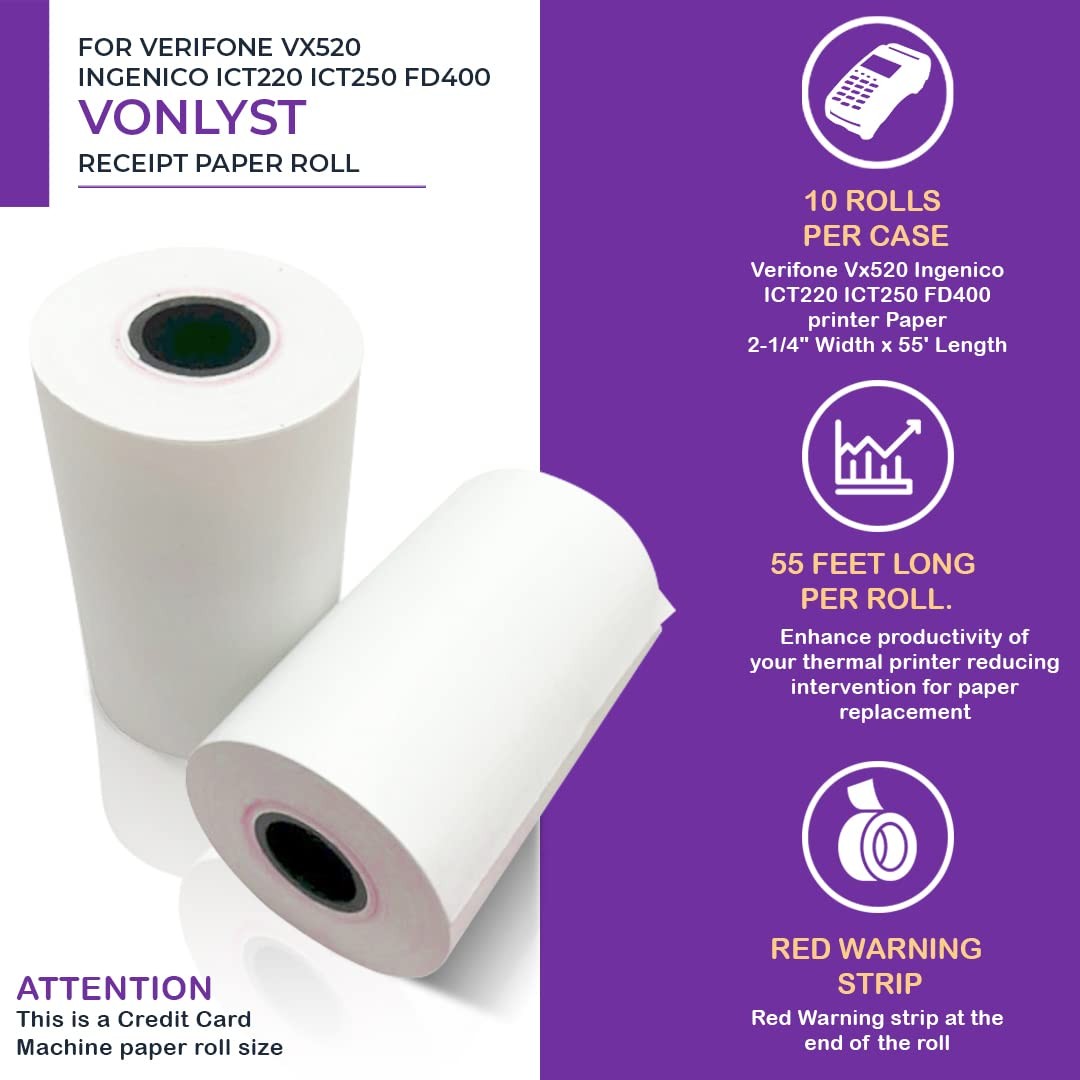 Vonlyst Thermal Paper Roll 2 1/4 X 55 for Verifone Vx520 10 rolls, White