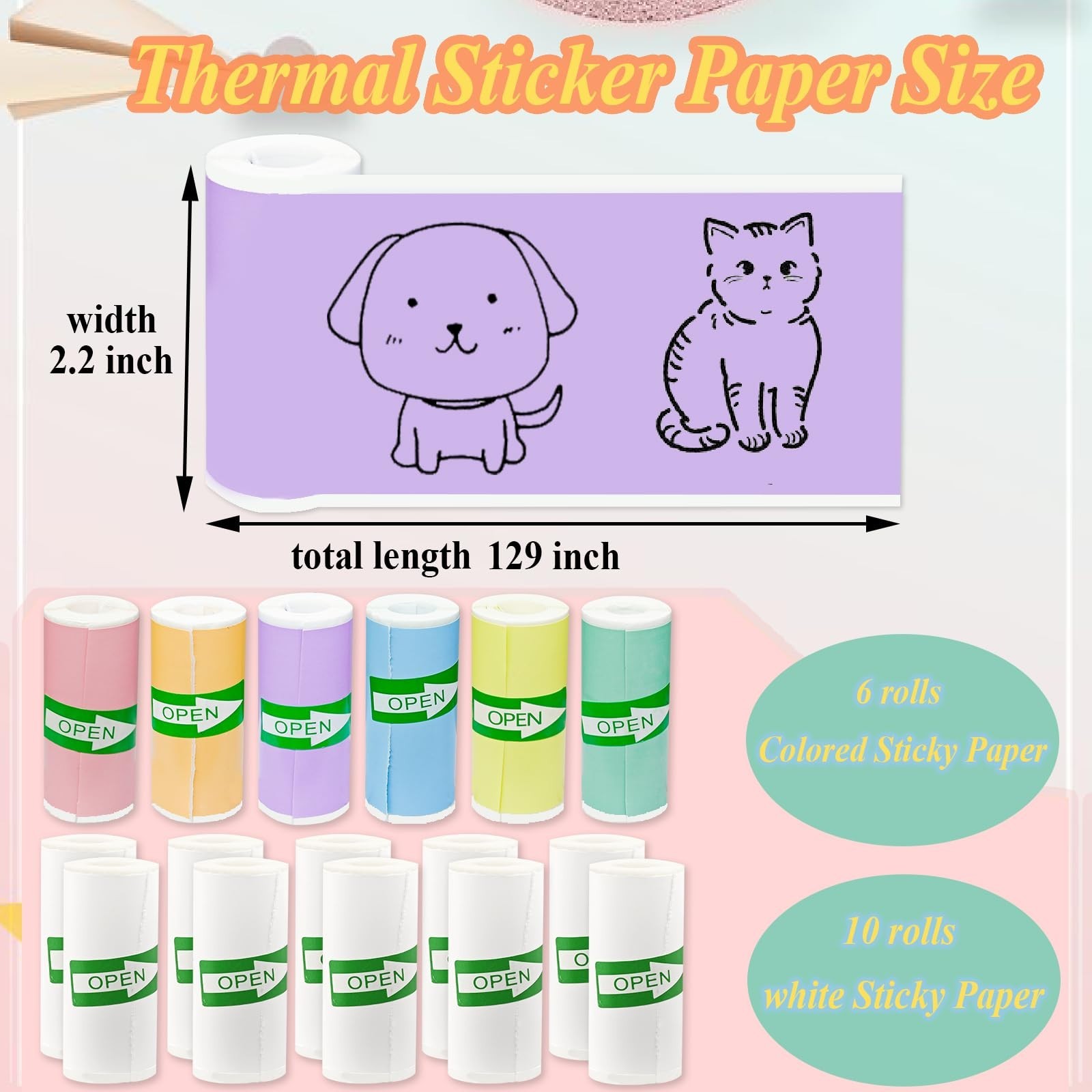 16 Rolls Self-Adhesive Mini Printer Sticker Paper – 10 White & 6 Colorful Labels