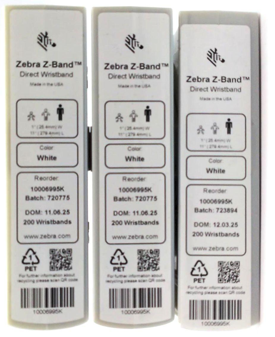 Zebra 1″ x 11″ Z-Band Direct Wristbands White 10006995K Genuine OEM – 3 Pack