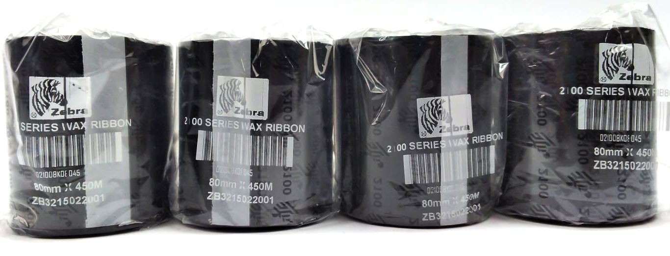 Zebra Wax Ribbons 80mm x 450m 2100 Series 02100BK08045 Black Genuine – 4 Rolls