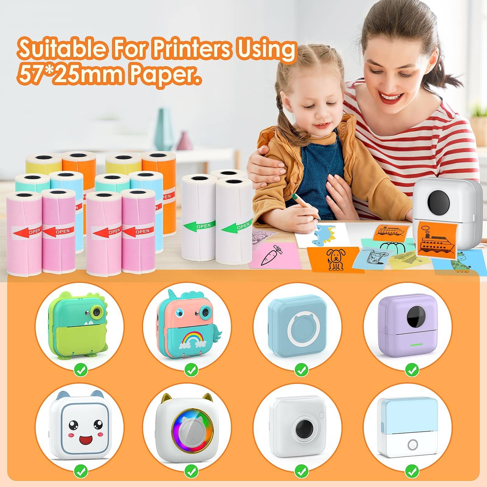 15 Rolls Mini Printer Sticker Paper, Thermal Self-Adhesive 57x25mm, Color & Whit